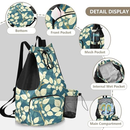 Draw String Back Bag Climbing Gym Bag With Pockets String Back Pack Dry Wet Separation Thyme Leaf Beige Teal