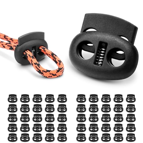 CooBigo Plastic Cord Locks for Drawstrings Double Hole Spring Stopper Fastener Slider Toggles End - color: Black