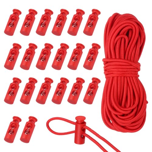 uxcell 20 Pcs Plastic Cord Locks & 16 ft Elastic Cord, Double-Hole Toggles for Drawstrings End Stopper Fastener Slider Toggles Clip for Shoelaces Backpacks Replacement, Red - color: Red