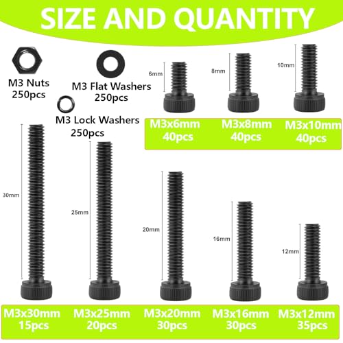 1000Pcs M3 Screws Assortment Kit, 12.9 Grade Hex Bolts Set for 3D Printer | M3x6/8/10/12/16/20/25/30mm,12.9 Grade Black Zinc Plated - size: M3x6/8/10/12/16/20/25/30mm
