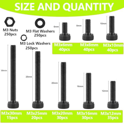1000Pcs M3 Screws Assortment Kit, 12.9 Grade Hex Bolts Set for 3D Printer | M3x6/8/10/12/16/20/25/30mm,12.9 Grade Black Zinc Plated - size: M3x6/8/10/12/16/20/25/30mm
