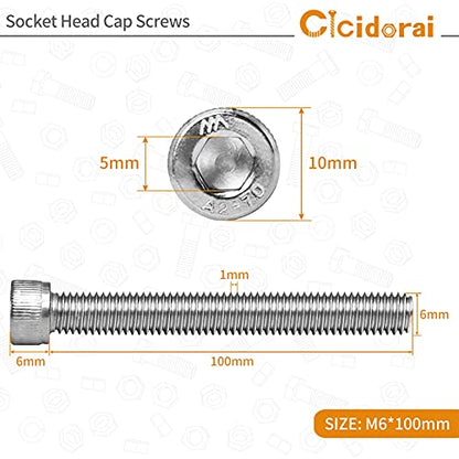 M6-1.0 x 100mm Socket Head Cap Screws Bolts, 304 Stainless Steel (A2-70), Allen Socket Drive, Bright Finish, Full Machine Threads, Quantity 10 - size: M6 x 100mm(10 PCS)
