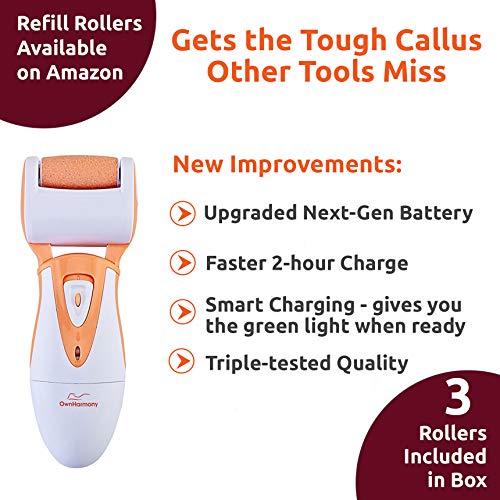 Rechargeable Callus Remover for Feet: Professional Electric Feet Sander for Women by Own Harmony - Electronic Foot File CR900 with 3 Rollers, Foot Grinder Pedi Care for Cracked Heels & Dry, Hard Skin - color: Peach