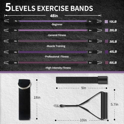 VEICK Resistance Bands with Handles, Ankle Straps, Door Anchor | Accredited Lab Certified, 100% Natural Latex, Cushioned Handles, Versatile for Yoga, Pilates, Strength, Home Gym - color: Purple 150LBS