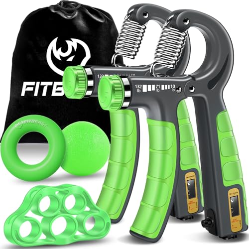 FitBeast Hand Grip Strengthener Workout Kit (5 Pack), 2 Forearm Grip Adjustable Resistance Hand Gripper, Finger Stretcher, Grip Ring & Stress Relief Grip Ball for Athletes - color: Light Green