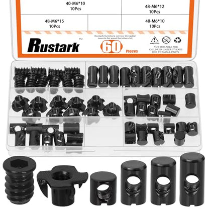 60Pcs M6 Black Zinc Barrel Nuts Four-jaw Tee Nuts and Threaded Insert Assortment Kit Metric Cross Dowels Slotted Nut T Nut Wood Inserts Bolt for Wood Furniture Beds Crib Chairs - style: 60pcs black nuts assortment kit