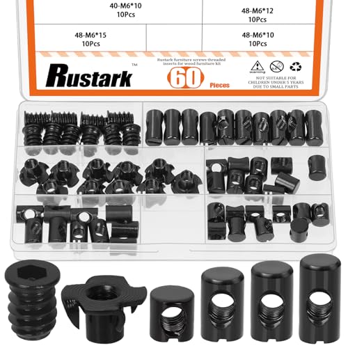 60Pcs M6 Black Zinc Barrel Nuts Four-jaw Tee Nuts and Threaded Insert Assortment Kit Metric Cross Dowels Slotted Nut T Nut Wood Inserts Bolt for Wood Furniture Beds Crib Chairs - style: 60pcs black nuts assortment kit