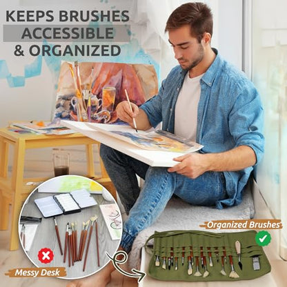 DUGATO 30-Slot Roll-Up Canvas Brush Holder, Army Green | Washable Paint Brush Case, Durable Canvas Organizer for Brushes & Art Supplies (Brushes not Included) - color: Green