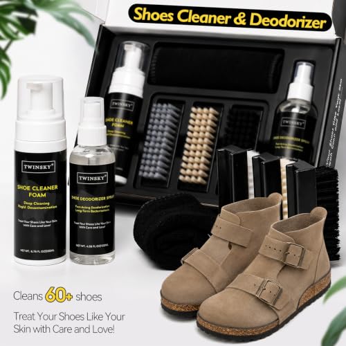 6-in-1 Shoe Cleaning Kit,Compatible with Birkenstock, with Plant-Based Foam, Deodorizing Spray, 3 Brushes & Microfiber Towel, for Sneaker, Leather, Nubuck, Boot, Suede, Athletic Shoes,etc
