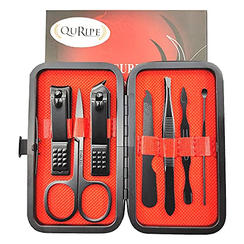 QURIPE 7pcs Manicure Set, Nail Clippers Kit, Stainless Steel Manicure Kit, Nail Clipping Tools Portable Travel Grooming Kit, The Best Gift with Luxurious Case (Black-7) - color: Black