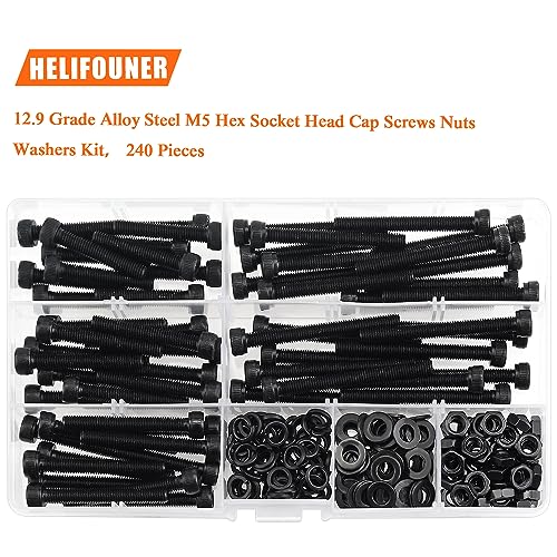 HELIFOUNER 240 Pieces M5 x 30mm /35mm /40mm /45mm /50mm, Hex Socket Head Cap Metric Screws Bolts Washers Nuts Kit, 12.9 Grade Alloy Steel, Fully Threaded, Black - size: M5 x 30/35/40/45/50mm, style: Socket Head