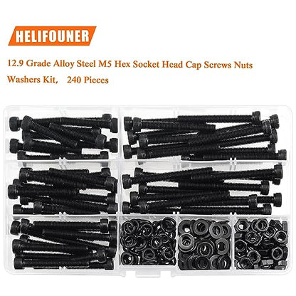 HELIFOUNER 240 Pieces M5 x 30mm /35mm /40mm /45mm /50mm, Hex Socket Head Cap Metric Screws Bolts Washers Nuts Kit, 12.9 Grade Alloy Steel, Fully Threaded, Black - size: M5 x 30/35/40/45/50mm, style: Socket Head