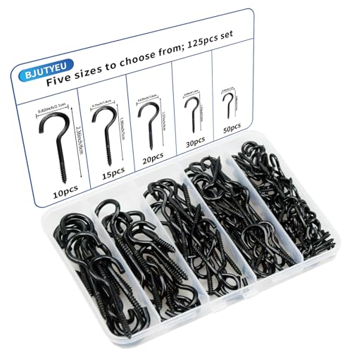 125 Pieces of Screw Cup Hook Set 5 Sizes Ceiling Small Hooks Wardrobe Decoration Hanging Accessories for Hanging Outdoor or Indoor use (0.98" 1.41" 1.57" 1.96" 2.36") (Black) - color: Black