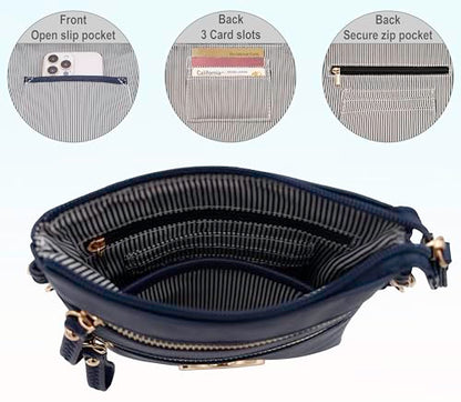 Solene Small Multi Zipper Pockets Crossbody Bag with Detachable Wristlet - color: Navy
