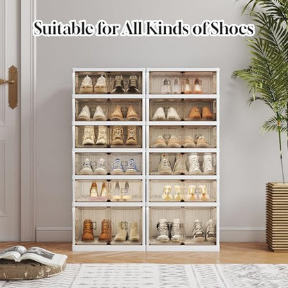 6-Tier Foldable Shoe Rack Organizer, 24 Pairs Stackable & Collapsible Shoe Cabinet with Transparent Doors & Leather Handles, Space-Saving Storage for Entryway, Closet, Kitchen, Cabinet, White - size: 6 Tiers