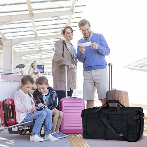 Fmeida 65L Duffle Bag with Shoes Compartment, Foldable Travel Duffel Bags for Men Women, Large Packable Travel Bag Water Repellent & Tear Resistant (Black) - color: Glossy Black