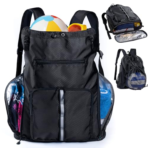 Large Beach Backpack Waterproof Sandproof - Customized Oversized Drawstring Pool Bag with Shoe Compartment for Toiletries, Towels, Gym, Travel - color: Black, size: Large