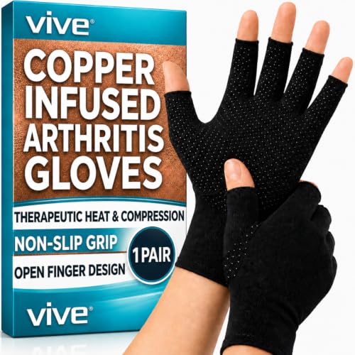 Vive Copper Infused Fingerless Arthritis Compression Gloves (Pair) - Relief | For Men, Women, Rheumatoid, Swelling, Carpal Tunnel, Tendonitis, Edema, Hand & Finger Pain - Comfortable Non-Slip (Medium) - size: Medium