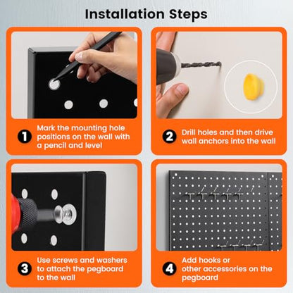ENJOYWOOD Pegboard, 4 PCS 24"×16" Metal Peg Board Panels Black Modular Wall Organizer Kit with 40 Hooks, Dual-Size Hole Design for Home Tool Storage, Garage Organization, Kitchen, Office, Craft Room - size: 4 PCS