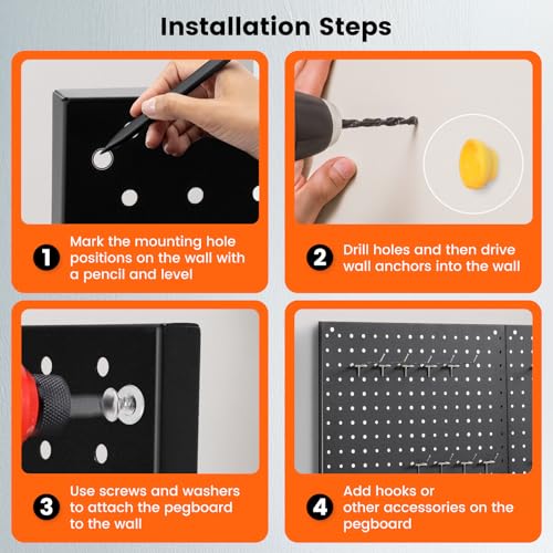 ENJOYWOOD Pegboard, 3 PCS 24"×16" Metal Peg Board Panels Black Modular Wall Organizer Kit with 30 Hooks, Dual-Size Hole Design for Home Tool Storage, Garage Organization, Kitchen, Office, Craft Room - size: 3 PCS