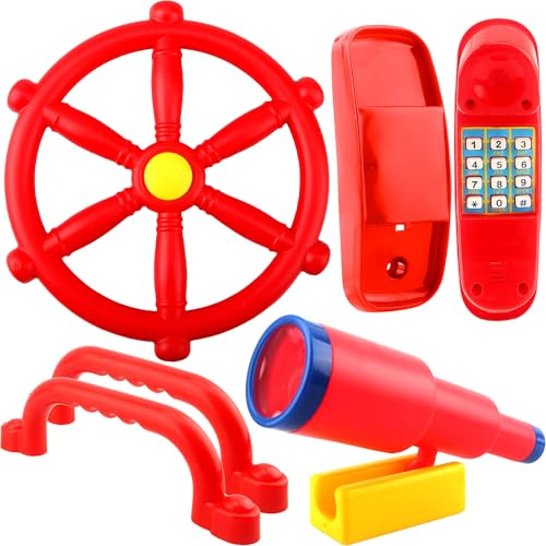 5 Pcs Kids Playground Accessories for Kids Outdoor Plastic Steering Wheel Swingset Phone Pirate Telescope Telephone Safety Handle for Child Backyard Tree House Playhouse Jungle Gym (Red Set 1) - color: Red Set 1