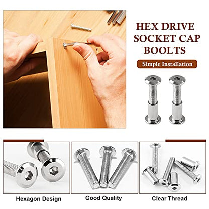 10 Pair(20 Piece) M6x25mm Hex Drive Socket Cap Bolt with Allen Wrench, Silver Furniture Connector Bolts M6 Countersunk Screw Barrel Nuts Binding Screws for Crib Replacement Belt Cabinet | Allen Wrench Included, Countersunk Screw Barrel Nuts, Binding Screw