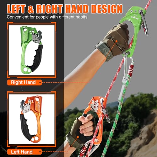 UIAA & CE Certified Rope Ascender Aluminum Alloy Rock Climbing Gear Strong Rigging Rappelling Equipment for Rock Tree Climbing Arborist Rescue Mountaineering Caving - color: Right Hand Green 1