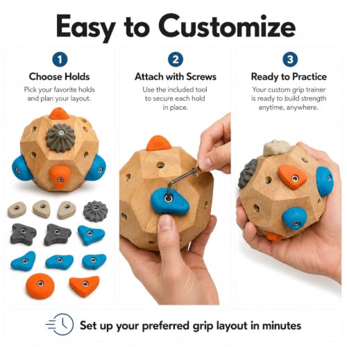 Climber's Gift Wooden Boulder Block Grip Trainer with 12 Resin Holds | Customizable Hold Layout, Portable & Handheld, Includes Canvas Bag, Mini Boulder Keychain, Screws & Tools Included
