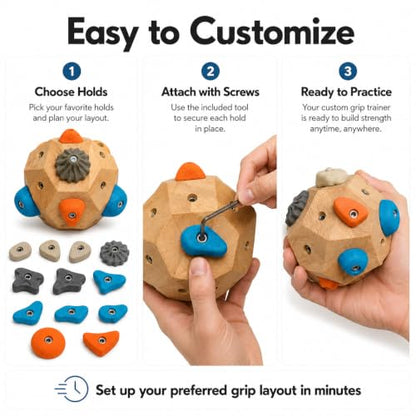 Climber's Gift Wooden Boulder Block Grip Trainer with 12 Resin Holds | Customizable Hold Layout, Portable & Handheld, Includes Canvas Bag, Mini Boulder Keychain, Screws & Tools Included