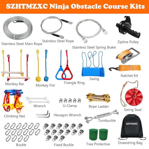 80FT Ninja Warrior Obstacle Course for Kids Backyard Outdoor | Stainless Steel Main Cable, Zipline Pulley, 11 Ninja Training Children Toy Accessories, Monkey Bar, Climbing Net, Swing - size: 80FT 11Pcs