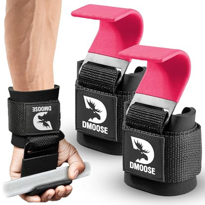 DMoose Fitness Weight Lifting Hooks (Pair) for Deadlifts, Pull Ups, Rows & Shrugs - Anti-Rip Nylon Strap Hand Grips with Thick Wrist Padding - Heavy Duty Wrist Straps for Weightlifting & Gym Workouts - color: Pink