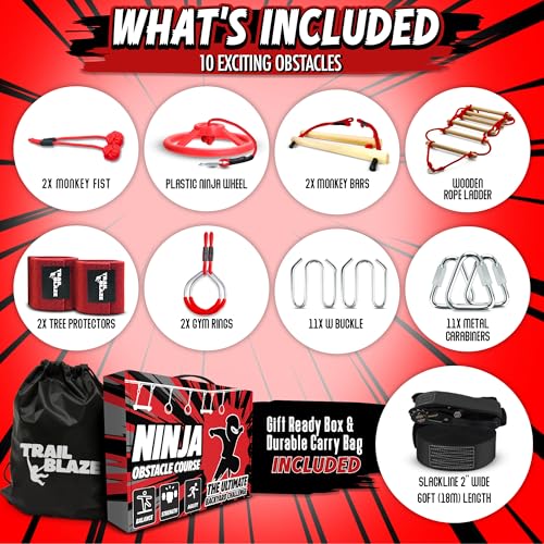 Trailblaze Ninja Warrior Obstacle Course - Ultimate Outdoor Fun 50 Ft Ninja Slackline Climbing Net, Rope Ladder, Trapeze, Swing, Monkey Bars (50ft Single Line Kit – 8 Obstacles) - color: 50ft Single Line Kit - 8 Obstacles
