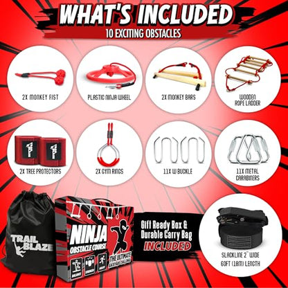 Trailblaze Ninja Warrior Obstacle Course - Ultimate Outdoor Fun 50 Ft Ninja Slackline Climbing Net, Rope Ladder, Trapeze, Swing, Monkey Bars (50ft Single Line Kit – 8 Obstacles) - color: 50ft Single Line Kit - 8 Obstacles