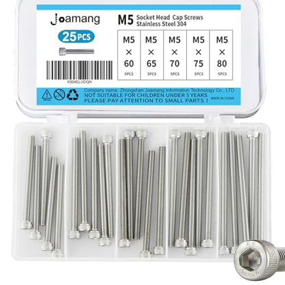 M5 x 60mm 65mm 70mm 75mm 80mm Socket Head Cap Screws Bolts, Stainless Steel 304, Metric Allen Hex Drive, Bright Finish, Fully Threaded, Assortment Kit 25PCS - size: Socket M5x60-80mm