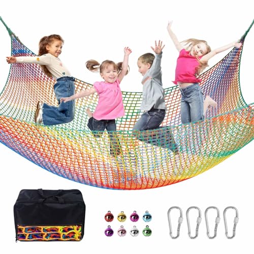 Climbing Net for Kids - 9.9FT x 6.6FT Double Layers Heavy Duty Playground Safety Net, Climbing Cargo Net for Tree House Tree Fort, Back Yard, Jungle Gyms, Monkey Bar Security Mesh（Rainbow） - color: Rainbow, size: 6.6' x 9.9'