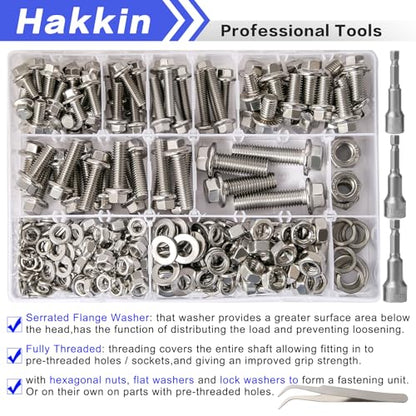 370PCS Metric Flange Bolt Assortment, M6x1.0, M8x1.25, M10x1.5 (12mm to 40mm) Hex Head Bolts and Nuts Assortment, Stainless Steel 304 Flange Bolts Nuts Washers Kit Hakkin, Hex Socket Included - size: Set 13: M6 M8 M10