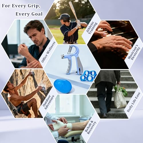 CYFIE Grip Strength Trainer Kit, Adjustable 10-132 lb, Hand Exerciser | Forearm Strengthener, Finger Stretcher, Stress Ball and Bag for Grip Recovery, Wrist Training, Rehab, Climbers and Musicians - color: Blue