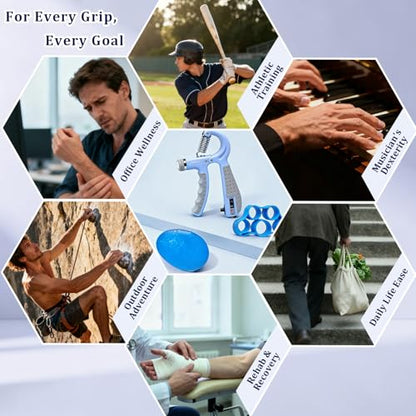 CYFIE Grip Strength Trainer Kit, Adjustable 10-132 lb, Hand Exerciser | Forearm Strengthener, Finger Stretcher, Stress Ball and Bag for Grip Recovery, Wrist Training, Rehab, Climbers and Musicians - color: Blue