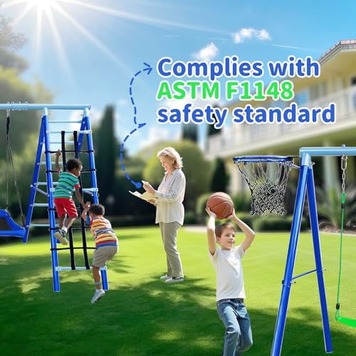 5-in-1 Metal Backyard Swing Set for Kids Outdoor Playground Equipment | 43" Platform Swing & Belt Seat, Climbing Rope Ladder, Rigid Ladder, Basketball Hoop, Enjoy Park-Style Fun Right At Home