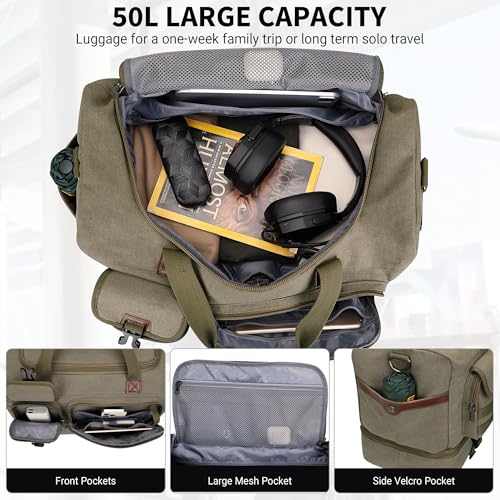 WITZMAN Duffle Bag for Men 50L Travel Canvas Weekender with Toiletry Bag | With Shoe Compartment and Dry-wet Pocket, Convertible, Carry On, One Duffel for Gym, Sports, Overnight, A8010/2 Army Green - color: Army Green