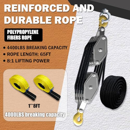YATOINTO Rope Hoist Pulley System, 4400LB Pulley Block and Tackle, 8:1 Ratio Lifting Power 65ft, Heavy Duty Pulley Block for Lifting Pulling (with 2PCs Straps) - color: black, size: UPGRADED-4wheels+2pcs straps