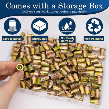 1/4 Rivet Nut, 115Pcs Carbon Steel Zinc Rivet Nuts 1/4-20, 1 4 20 Threaded Insert Rivnut, Flat Head 1 4 x 20 UNC Rivets Nutsert, 1 4 RIV Nuts - color: Yellow, size: SAE 1/4"-20 - 115 Pcs