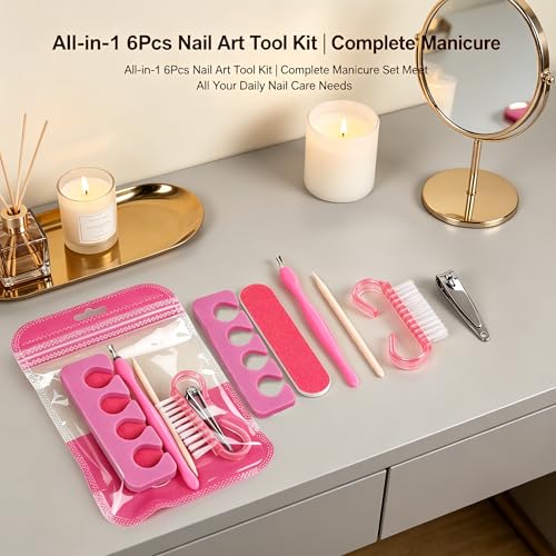 6 Piece Manicure Kit, Portable Nail Care Set with Case, Metal Pusher Nail File Clipper Brush Finger Separator, Travel Tool Set, Rose Red
