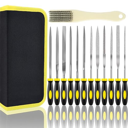Small File Set, Needle Diamond File 13PCS, 6pcs Jewlers Files & 6pcs Steel Files Precision Metal Work, Woodworking, Plastic Carving Tool with Steel Brush and Carry Case - color: Black-13pcs