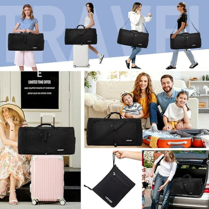 65L Foldable Duffle Bag with Shoe Compartment - Large Travel Duffel Bag for Men & Women, Packable Weekend Bag with Trolley Sleeve, Water-Resistant & Lightweight Gym Bag for Travel, Sports (Black) - color: Black