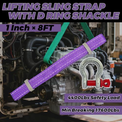 HENBOW Web Sling with D Ring Shackle,8FT× 1In Heavy Duty Flat Lift Sling 2200 lbs Safety Load，Lift Sling Straps for Hoist Car Tree Saver Winch Recovery - size: 1 Inch × 8 FT