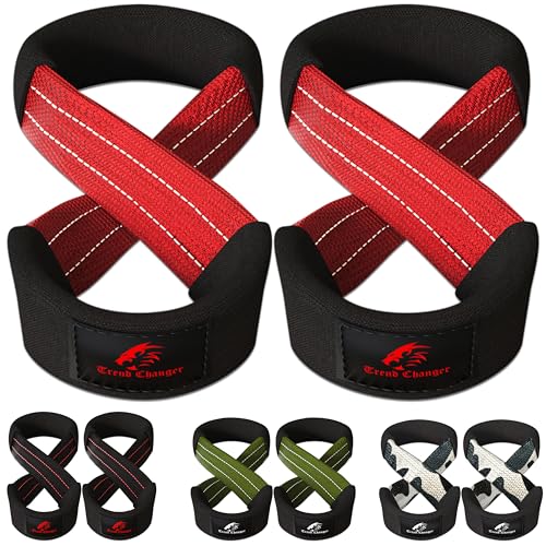 Figure 8 Lifting Strap Padded Deadlift Straps Heavy Duty Weight Lifting Straps Strongman Axle Bar Straps Weightlifting Wrist Wraps - color: Red/White, size: Medium ( Upto 8.0'' Wrist Circumference )