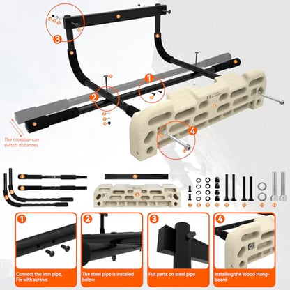 Hangboard Rock Climbing Hangboard with Door Way Pull Up Bar; Including Jugs, Pinches, Pockets, Edges and Slopes for Rock Climbing Training