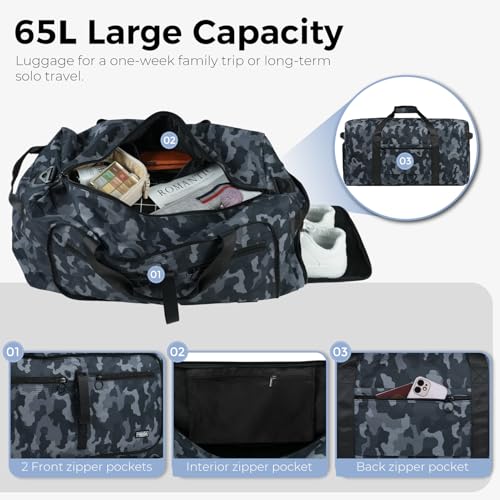 Fmeida 65L Duffle Bag with Shoes Compartment, Foldable Travel Duffel Bags for Men Women, Large Packable Travel Bag Water Repellent & Tear Resistant (BlackCamo) - color: Glossy BlackCamo
