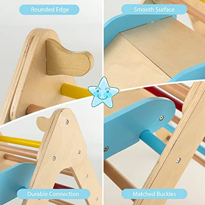 OLAKIDS Pikler Triangle Set 2 in 1 Climbing Toys for Toddlers Foldable Wood Montessori Baby Jungle Gym with Ladder Ramp Slide Kids Indoor Playground Activity Play Structure - color: Rainbow